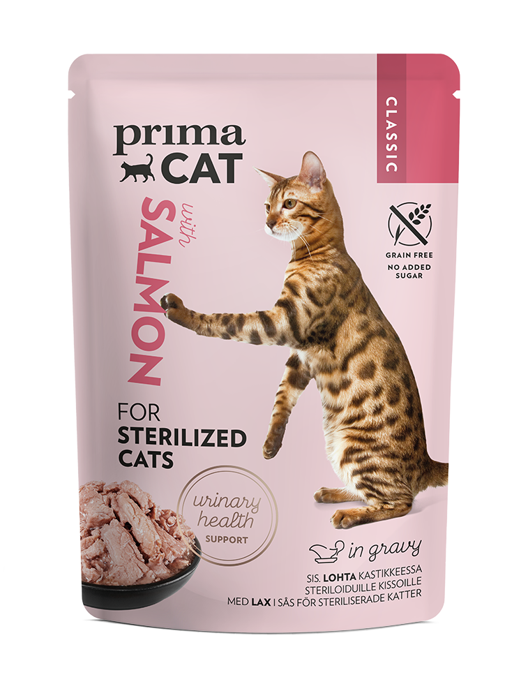 PrimaCat Classic losos v omáčce mokré krmivo pro sterilizované kočky.