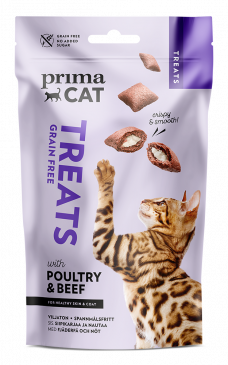 PrimaCat Crunchy Treats Fjäderfä och Nöt kattgodis för pälsen och huden